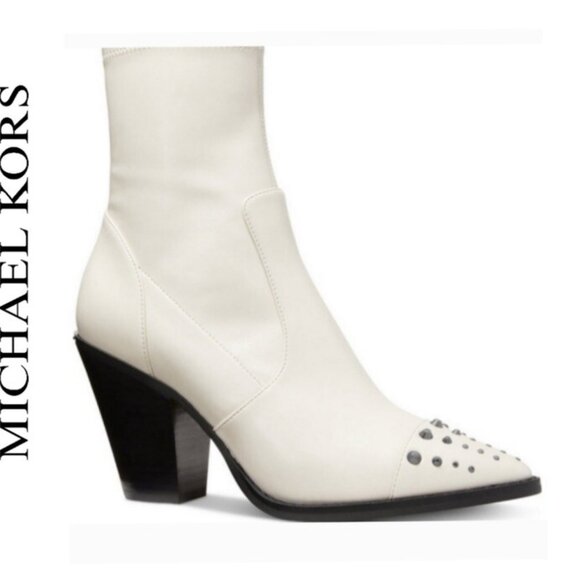 MICHAEL MICHAEL KORS Dover Studded Faux Leather Ivory Ankle Boots NIB NWT sz 9M - Picture 1 of 16